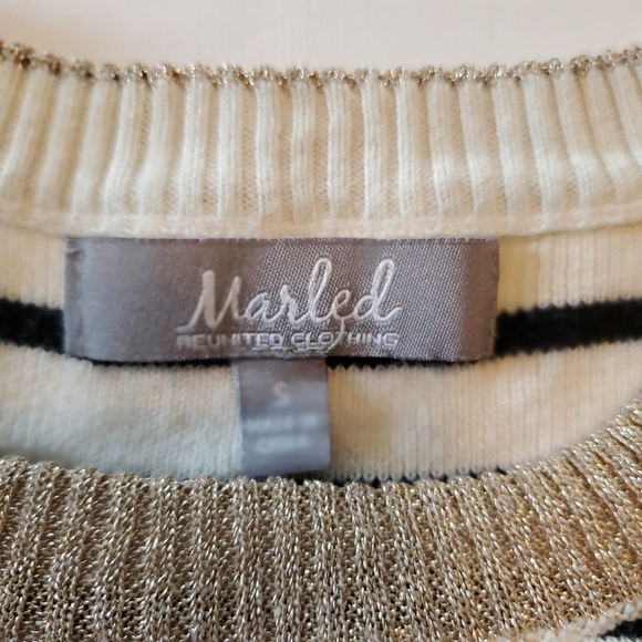 Marled by Reunited Clothing Crewneck Sweater Black White Striped Gold Trim Sz S - Picture 4 of 6